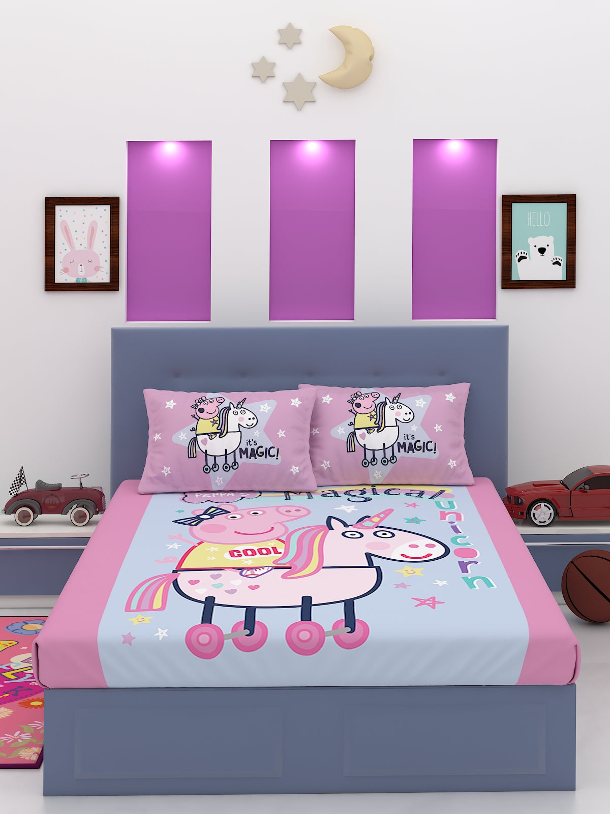Colorful Peppa’s Magical Unicorn Peppa Pig kids Cotton Double Bedsheet Set designed for children’s rooms, offering soft cotton comfort, durable quality, and two coordinated pillow covers for a playful bedroom look.