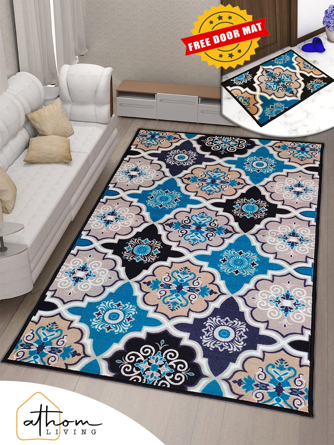 Contemporary Blue Anti Skid Carpet by Athom Living, soft and durable, perfect for living rooms, bedrooms, or hallways, adding comfort and style to your home décor.