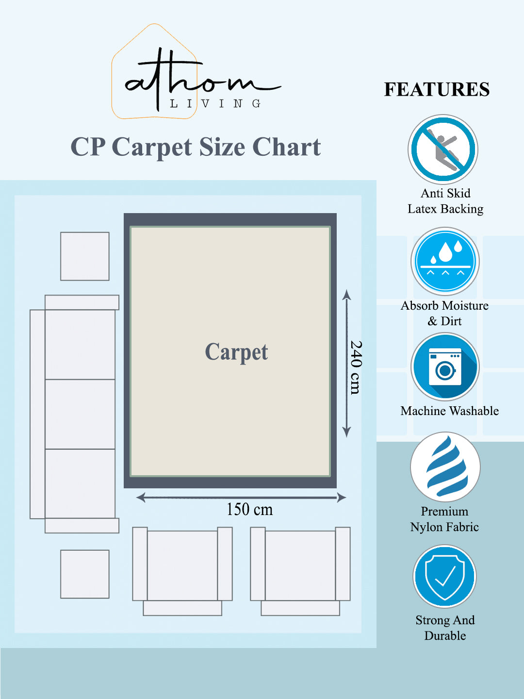 Contemporary Blue Anti Skid Carpet from Athom Living, offering plush comfort and durability, perfect for living areas, bedrooms, or high-traffic spaces at home.