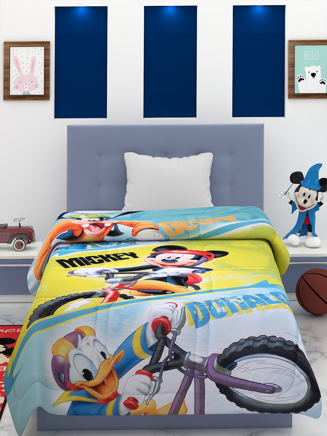 Cozy Disney Mickey Mouse kids comforter single bed 135x220 cm, 360 GSM thick poly-fill, soft and warm bedding with high-resolution digital printing of Mickey, Goofy & Donald by Athom Living.