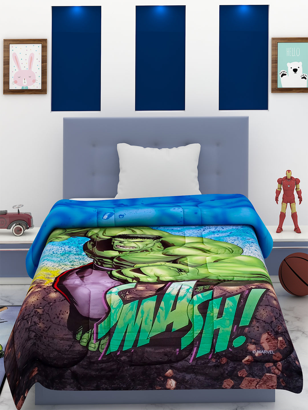 Cozy Marvel Hulk kids comforter, digitally printed with bold design, single bed 135x220 cm, poly-fill 360 GSM for warm and soft sleep comfort.