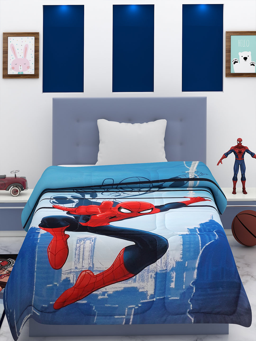 Cozy Spider-Man kids comforter by Athom Living, single bed 135x220 cm, poly-fill filling, 360 GSM thickness, and vibrant high-resolution digital design.