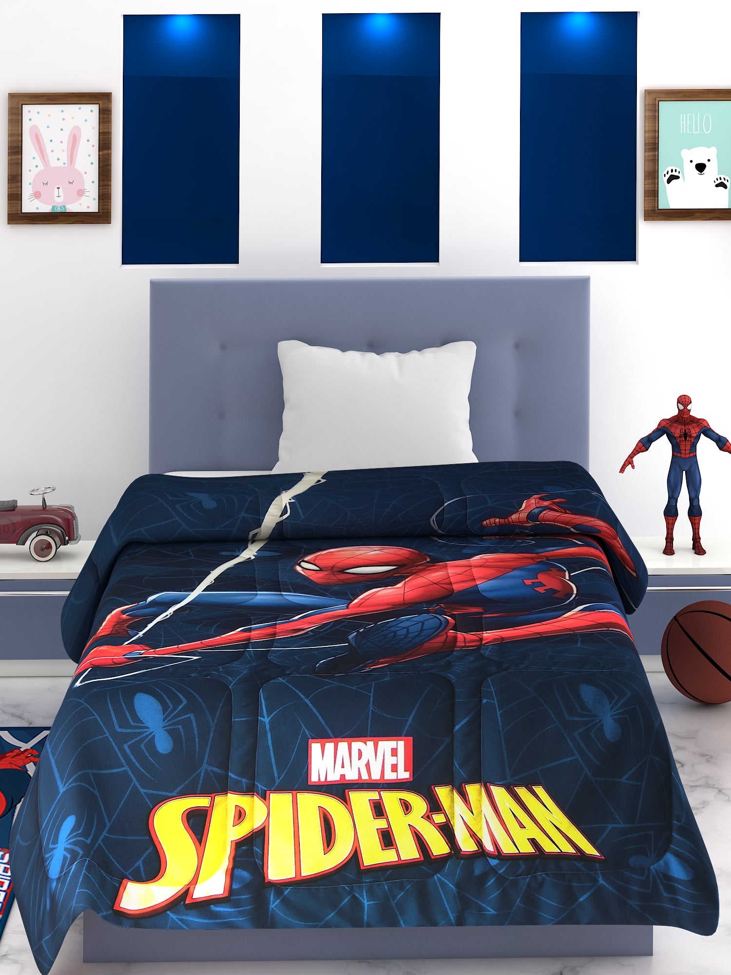 Cozy Spiderman adventure kids comforter, single size 135x220 cm, 360 GSM thick poly-fill, Athom Living digital print bedding for warm & comfy nights.