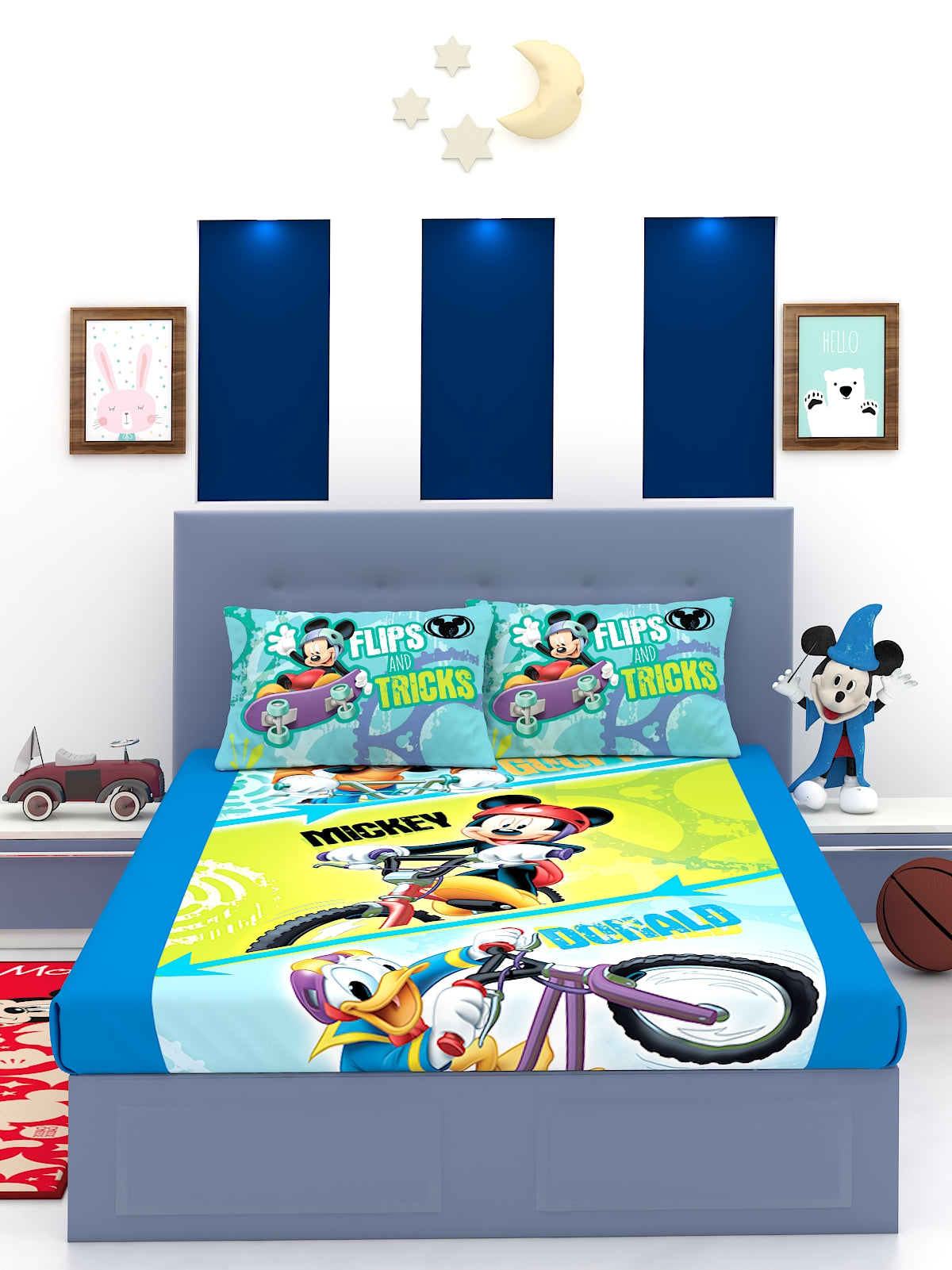 Cozy and soft Disney Goofy Mickey Donald themed kids double bedsheet with 2 pillow cover by Athom Living, designed for a playful and comfortable sleeping experience for kids.