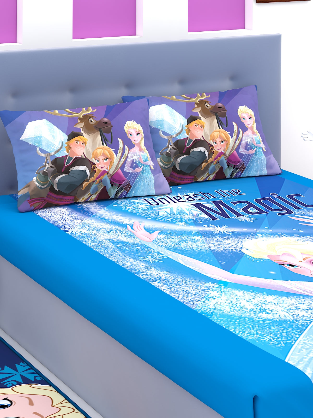 Disney Frozen Unleash The Magic cotton kids double bedsheet with 2 pillow cover featuring Elsa and Anna, offering soft comfort, vibrant prints, and a charming look for children's bedrooms by Athom Living.