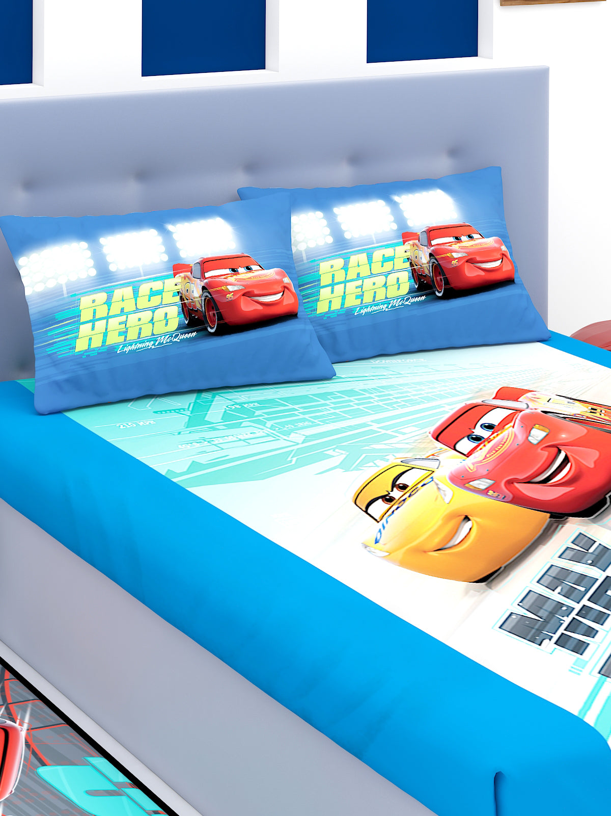Disney Max Throttle Cars cotton kids double bedsheet with 2 pillow cover, soft and vibrant, perfect for your child’s bedroom, providing comfort and a playful racing design for kids.