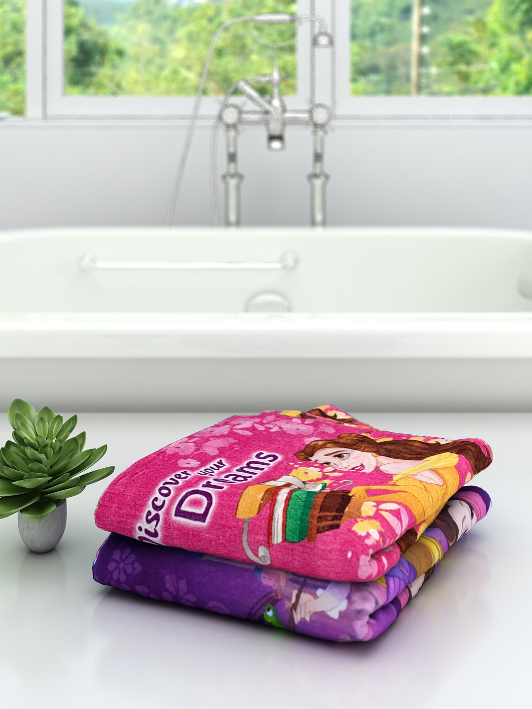 Disney Princess themed Kids Cotton Bath Towel combo pack by Athom Living showcasing bright princess characters, plush cotton texture, highly absorbent and skin friendly towel for kids bathroom essentials.