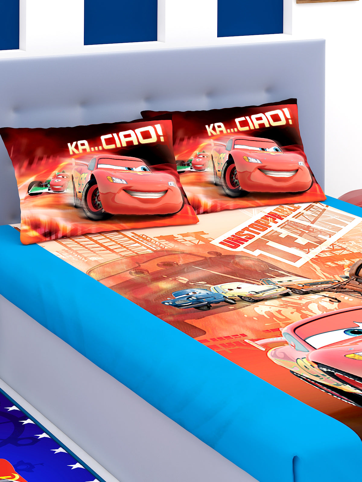 Disney Unstoppable Team Cars kids double bedsheet with 2 pillow cover by Athom Living, made of soft cotton, perfect for kids’ bedrooms, featuring vibrant Cars design for a fun sleep.