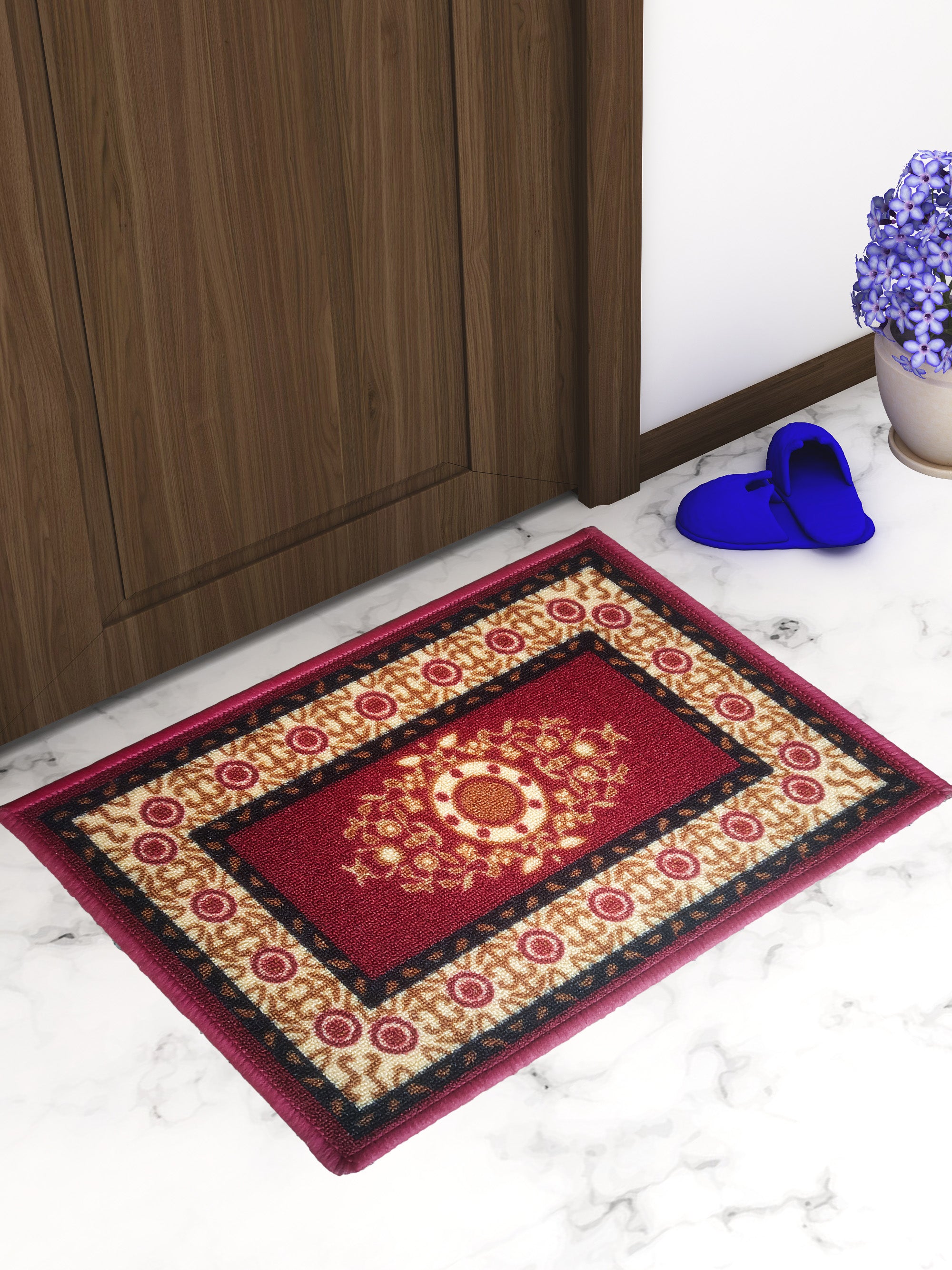 Eazy Home Floral Red Premium Anti Skid Doormat by Athom Living, perfect for entryways, anti-slip design, durable material, and vibrant red floral pattern enhances home décor.