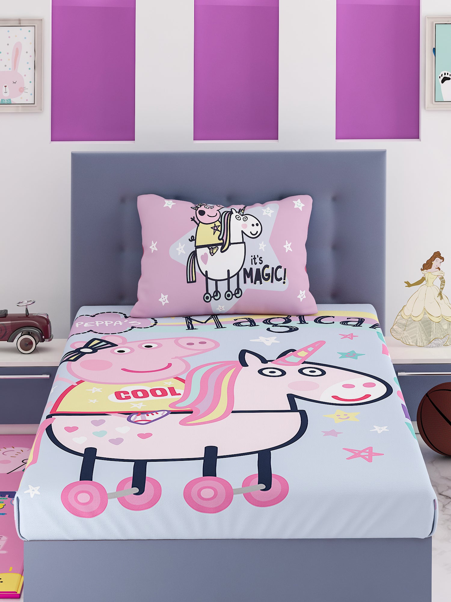Enhance your child’s room with Athom Living’s Peppa Pig Magic kids single bedsheet with 1 pillow cover featuring cheerful prints and smooth cotton for everyday cozy sleep. design
