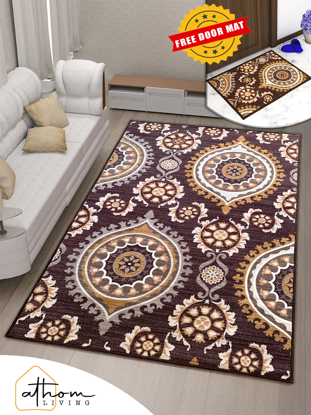 Enhance your home décor with Athom Living’s Persian Brown Anti Slip Carpet set, including doormat and runner, designed to add style, comfort, and long-lasting floor protection.