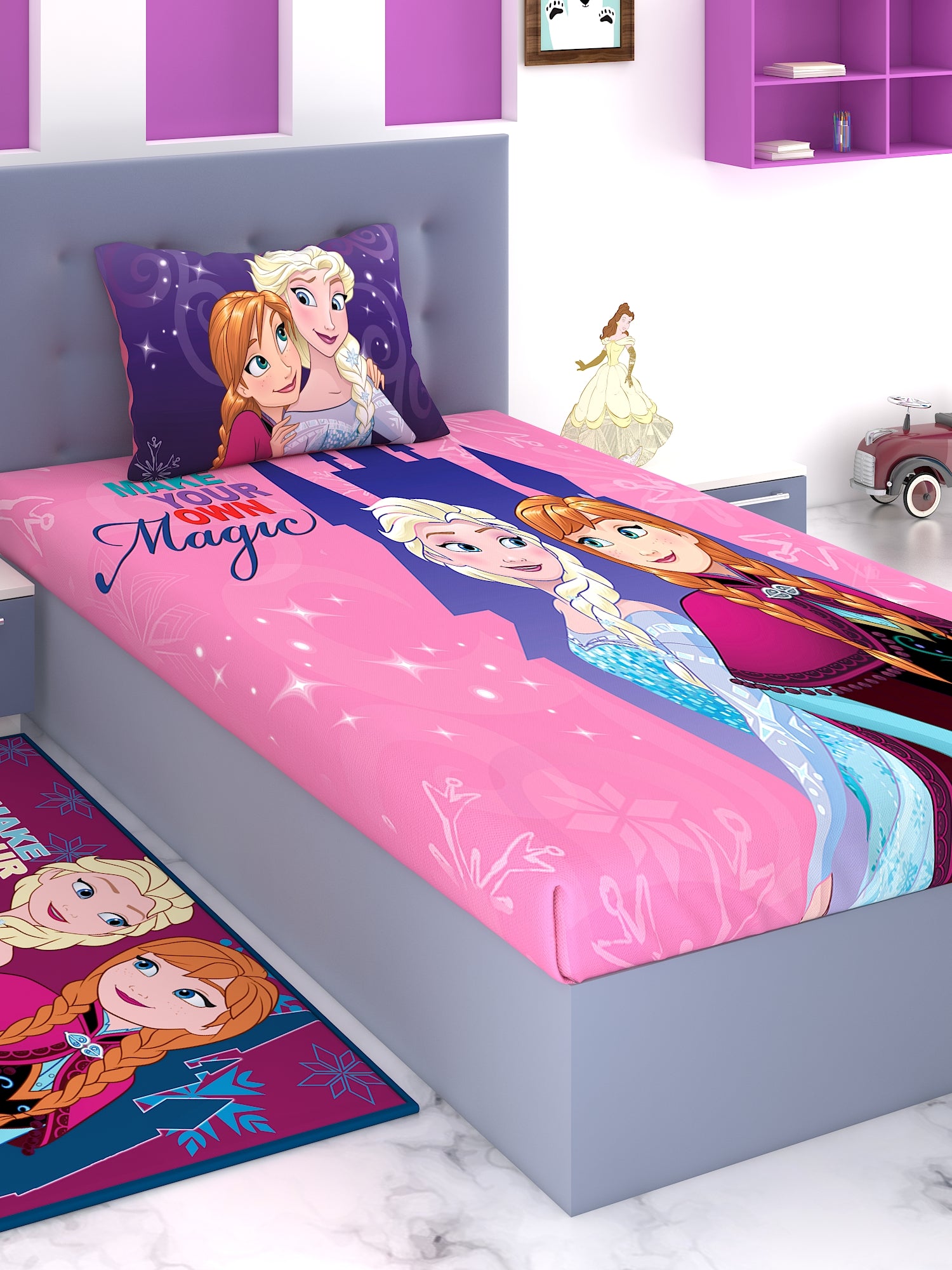 a bed in a bedroom with a pink blanket 