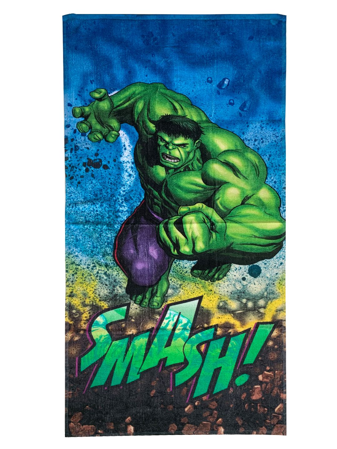 High-quality Marvel Smash Green Hulk cotton bath towel for kids with 350 GSM softness, showcasing dynamic superhero graphics in a 60x120 cm size, perfect for bathroom, beach, or pool use.