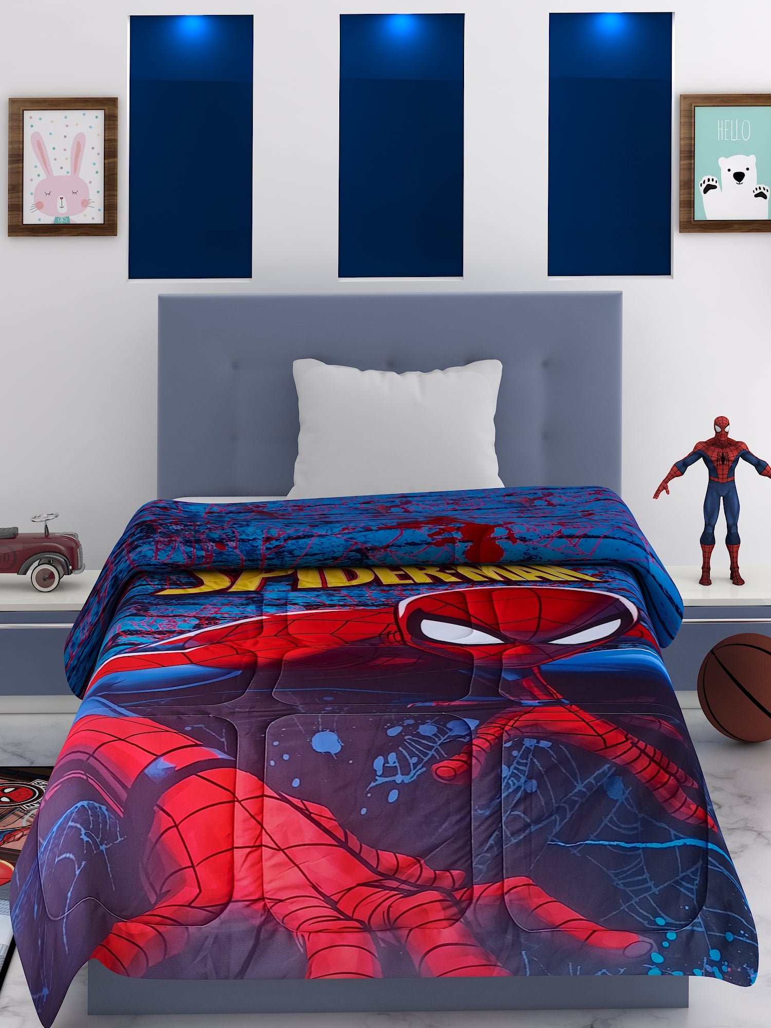 High-quality Spider-Man kids comforter – single size 135x220 cm, 360 GSM, poly-fill filling, durable digital printing, perfect cozy bedding for superhero fans.