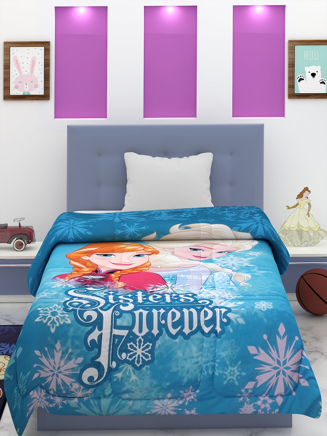High-resolution Disney Frozen kids comforter, Single size 135x220 cm, 360GSM thickness, Poly-fill softness, Sisters Forever theme.