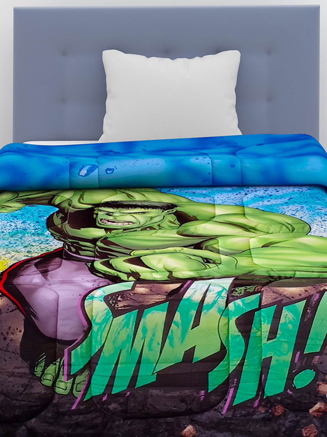 High-resolution Marvel Hulk kids comforter, single 135x220 cm, 360 GSM poly-fill for warmth and comfort, perfect for kids’ superhero bedrooms.