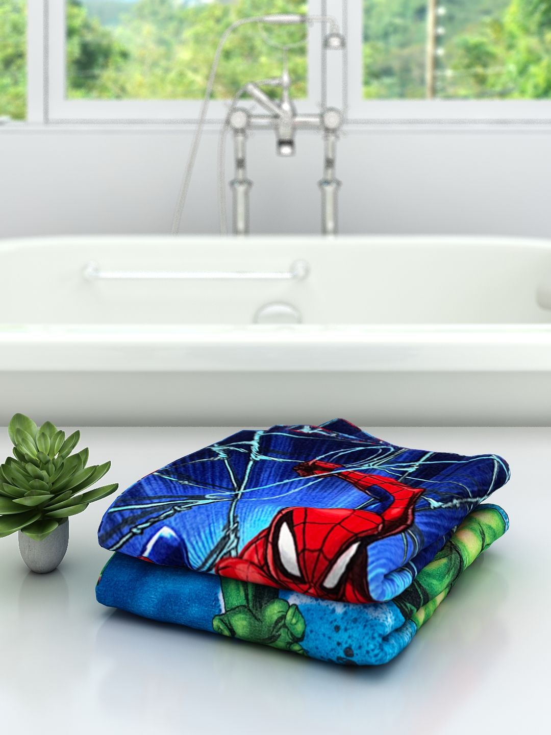 Kids Bath Towel combo pack showcasing Marvel Spider-Man and Hulk Smash characters, made from premium cotton for high absorbency, durable stitching, vibrant colors, and a fun bath-time experience for children.