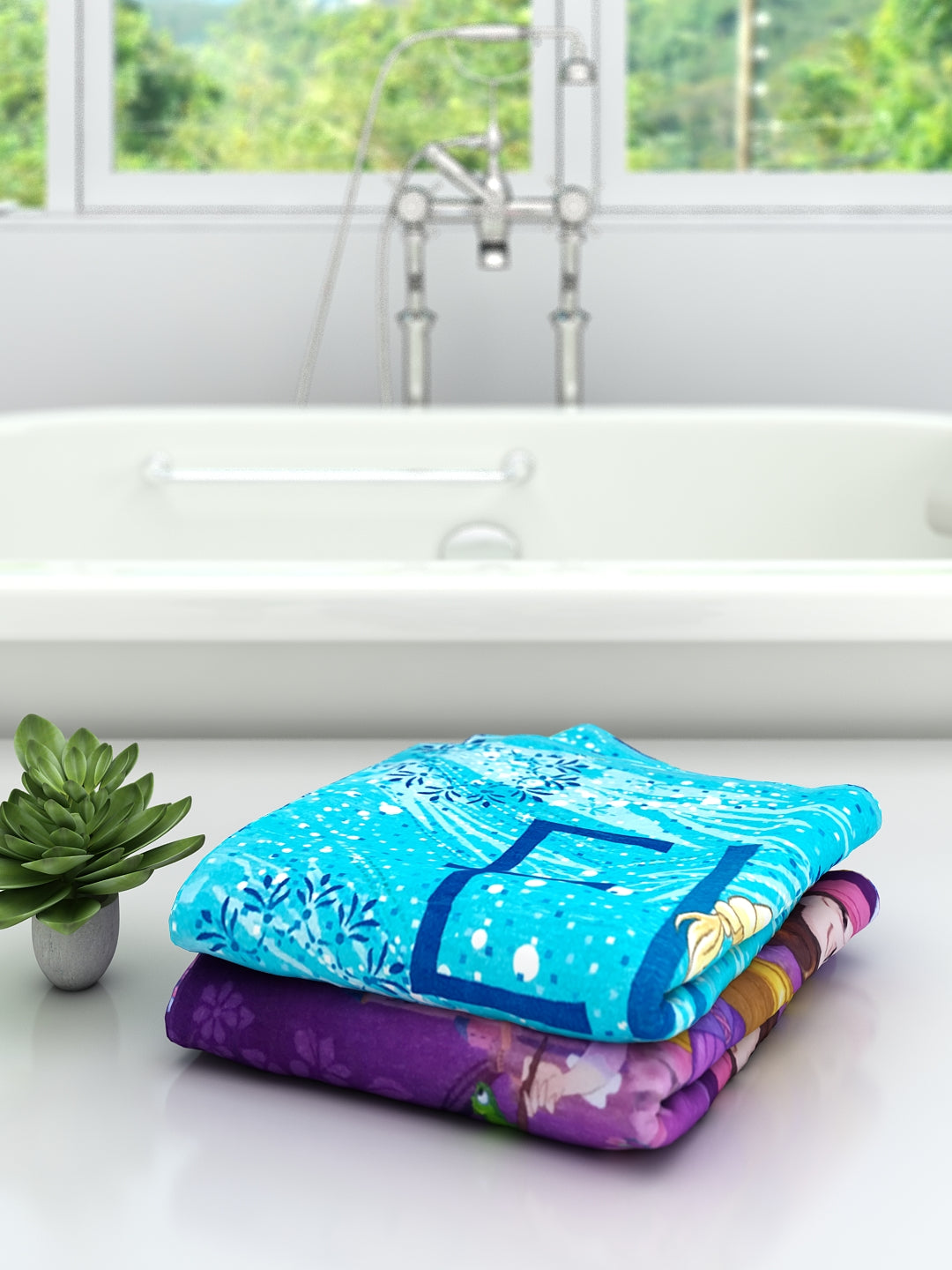 Kids Cotton Bath Towel combo pack featuring Disney Princess and Frozen Elsa by Athom Living, designed for comfort and durability, soft cotton towels ideal for kids’ bathrooms, travel, poolside, and gifting.