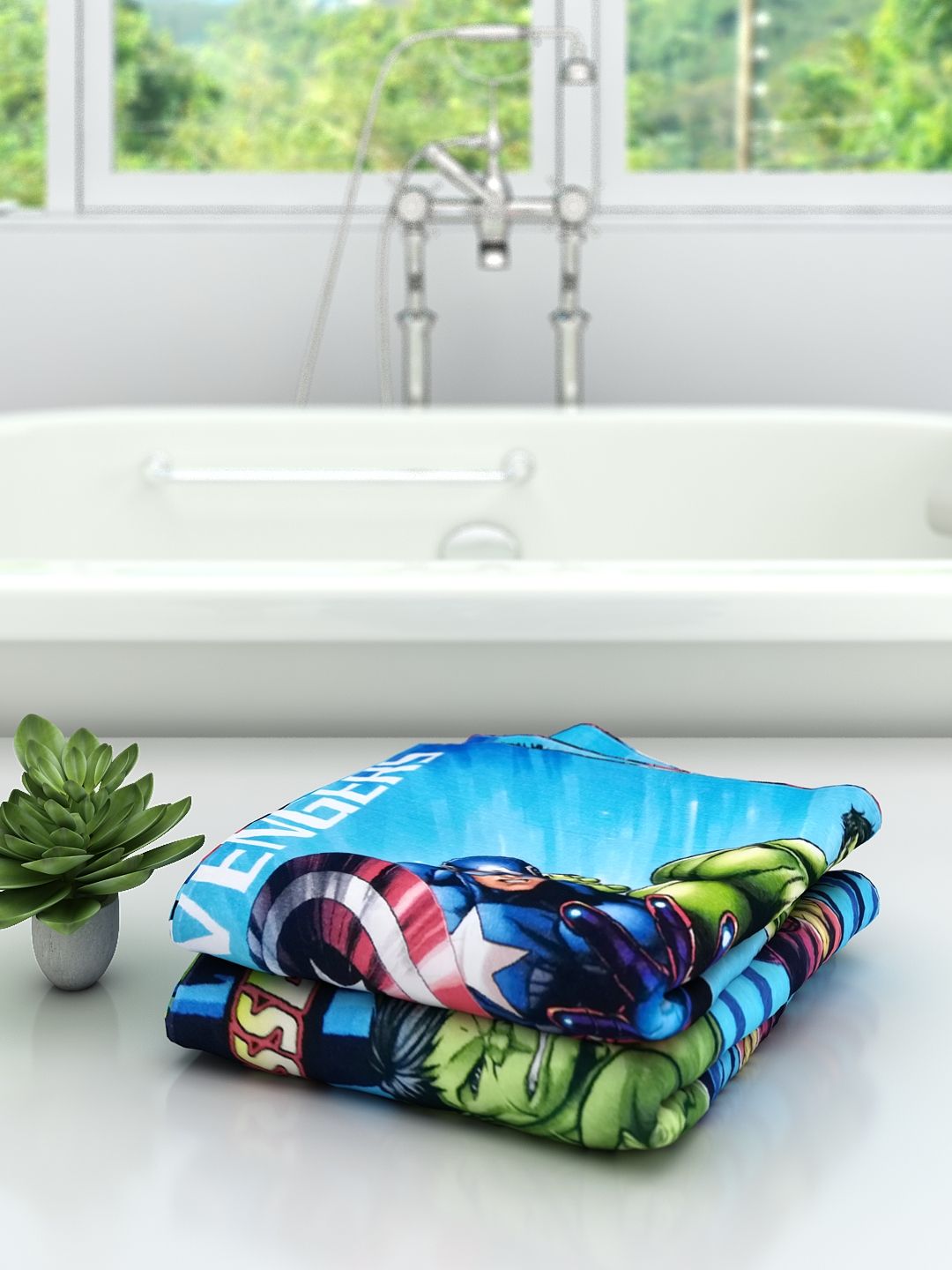 Kids Cotton Bath Towel set with Marvel Avengers Assemble design by Athom Living, perfect for kids who love superheroes, made from gentle cotton material that provides comfort, durability, and quick drying after bath time.