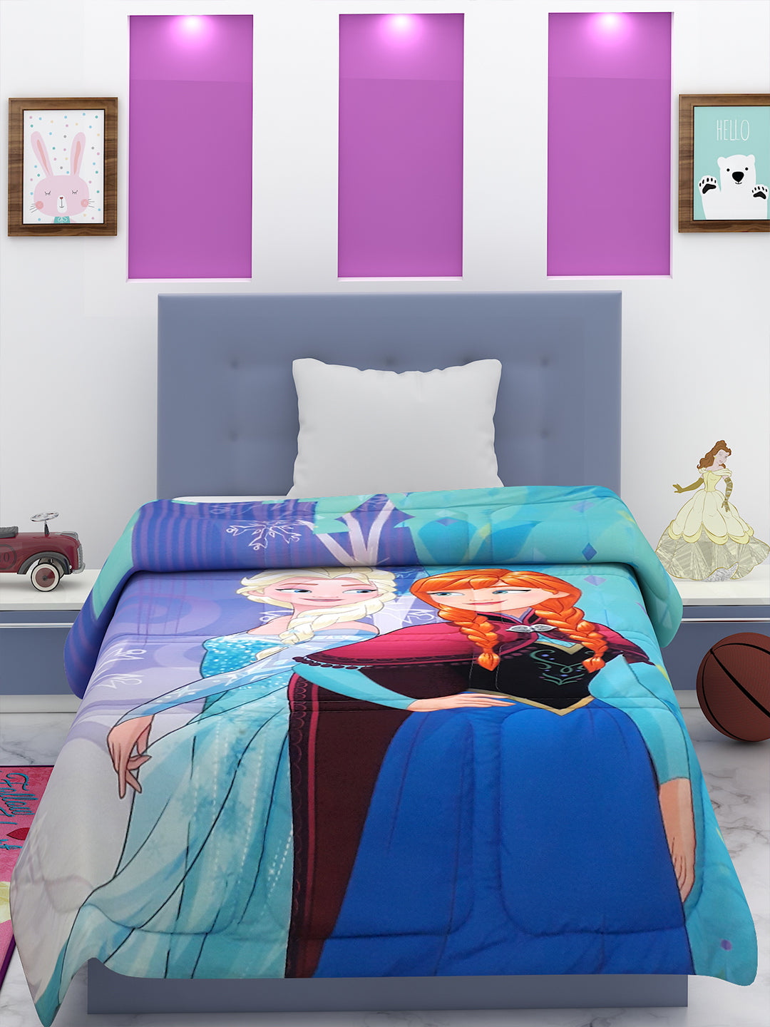 Magical Disney Frozen Elsa & Anna kids comforter – Single 135x220 cm, 360GSM poly-fill, high-resolution digital print, ultra-cozy, soft, and perfect for happy sleep nights.