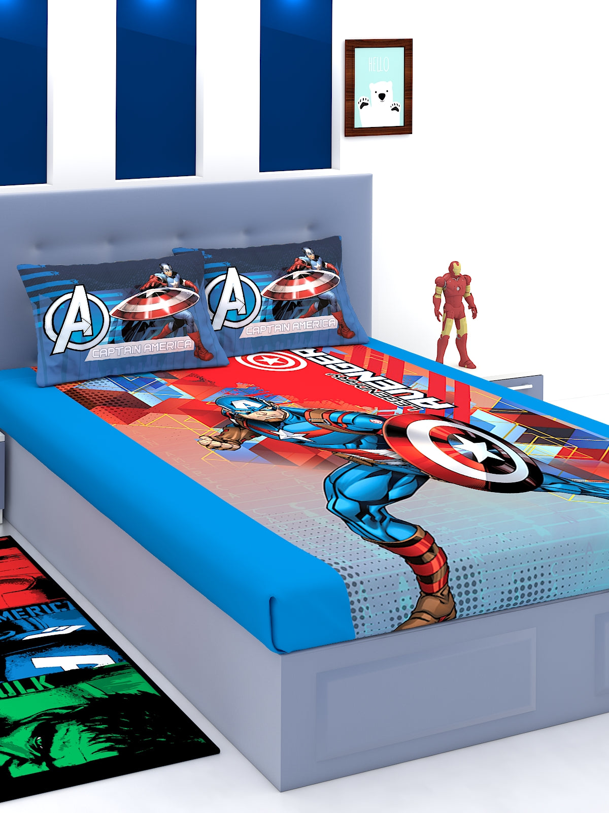 Marvel Legendary Captain America kids Cotton Double Bedsheet Set featuring bold superhero graphics, soft cotton fabric, vibrant colors, and a premium double-bed size design ideal for kids’ themed bedroom décor.