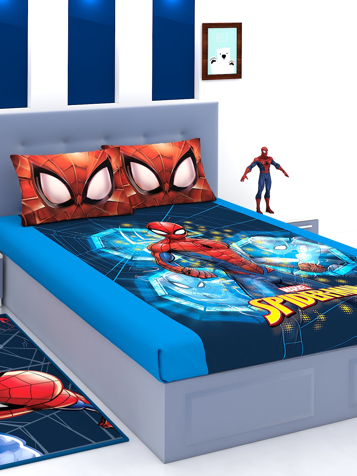 Marvel Spiderman Blue & Red cotton kids double bedsheet with 2 pillow cover featuring vibrant superhero print, soft fabric, perfect for boys’ bedroom décor, comfortable and durable.