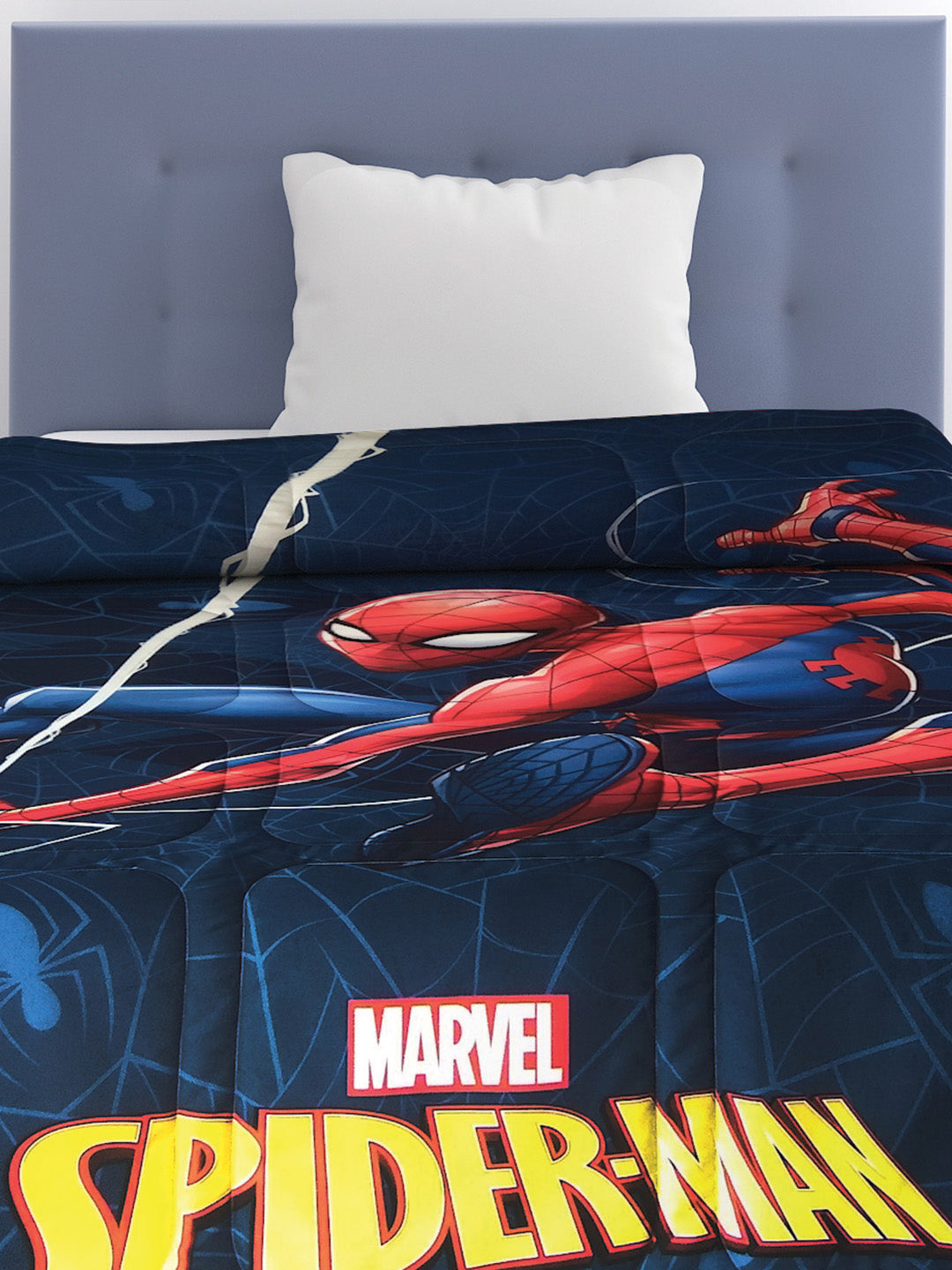Marvel Spiderman printed kids comforter, single size 135x220 cm, ultra-soft poly-fill 360 GSM, vibrant digital print, cozy bedding by Athom Living.