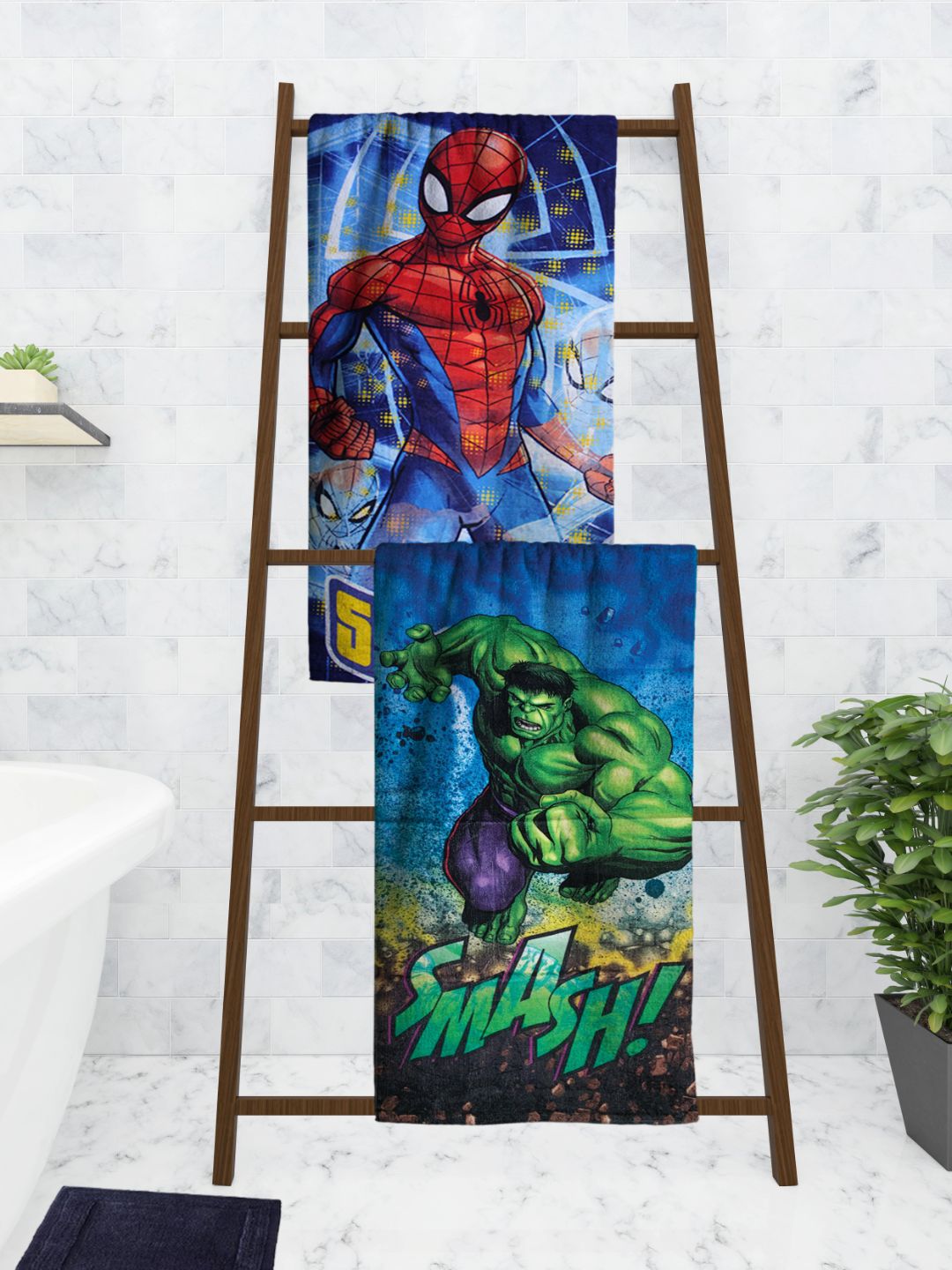 Marvel The Hulk & Spiderman themed kids bath towel by Athom Living in 60x120 cm size, crafted from soft, absorbent cotton; vibrant superhero design bath towel pack ideal for young fans and everyday bathing.