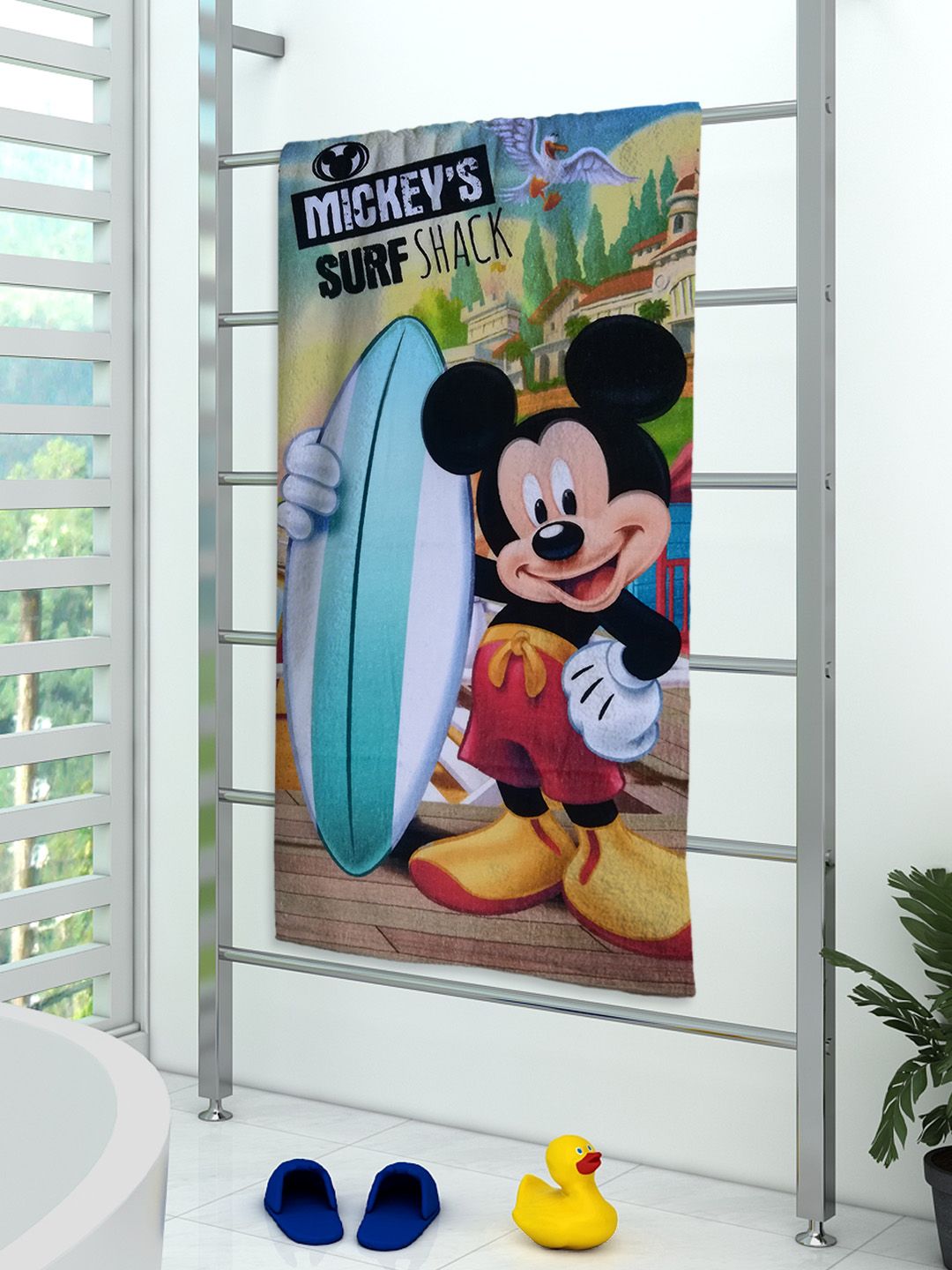Mickey Mouse themed Disney kids bath towel in 350 GSM cotton, super absorbent and skin-friendly, large 60x120 cm size, bright colors, perfect for toddlers and children who love fun character towels.