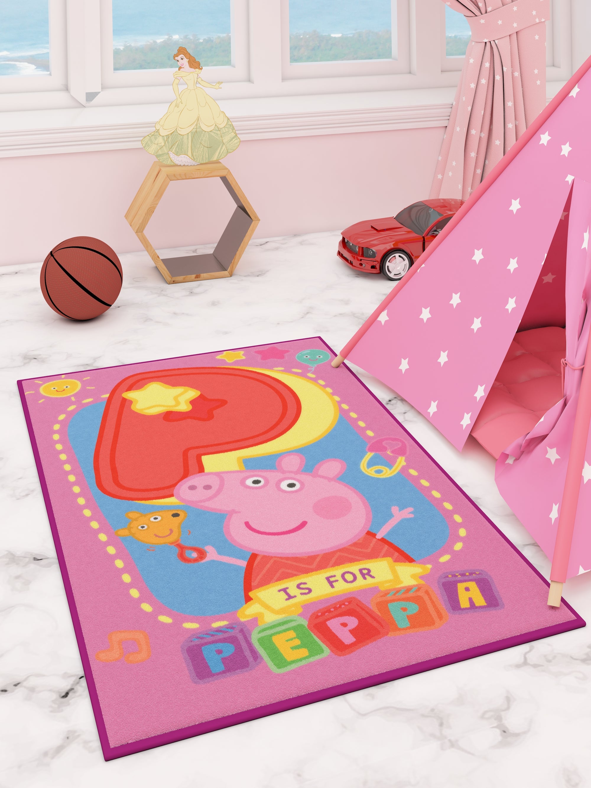 P is for Peppa, Peppa Pig Premium Blue Kids Carpet 3ft x 5ft by Athom Living featuring soft material and vibrant prints, designed to brighten kids’ rooms. This carpet adds comfort, color, and playful charm to any space.