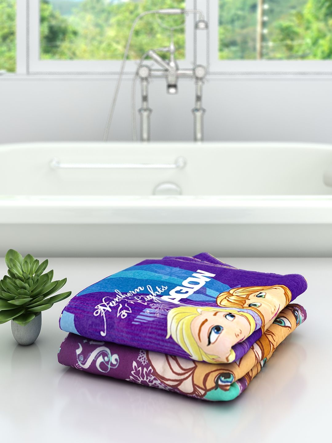 Pack of 2 Disney Frozen Elsa & Anna bath towels by Athom Living, 60x120 cm, kids bath towel designed with vibrant prints, soft cotton, and highly absorbent for a fun bath time experience.