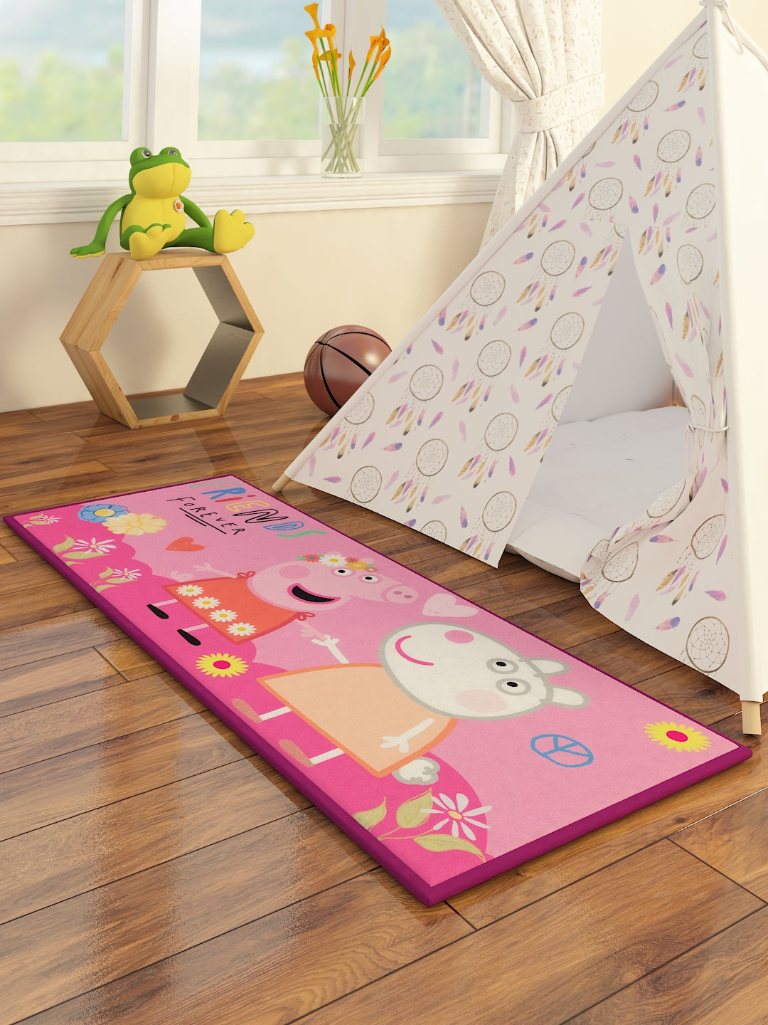 Peppa Pig Friends Forever Kids runner carpet by Athom Living featuring soft, durable material and vibrant prints designed for kids’ rooms. This playful runner carpet adds comfort and fun to any space.
