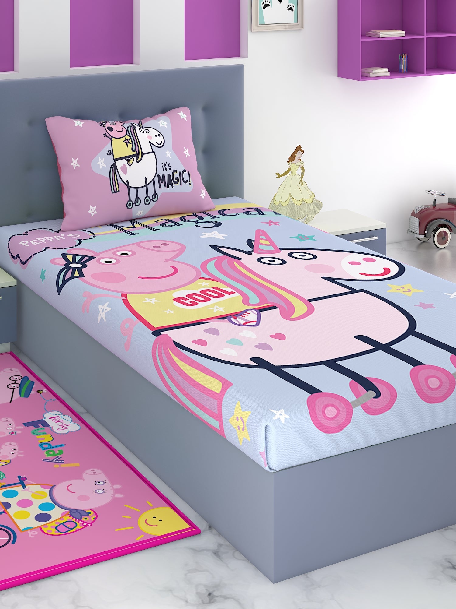 Peppa Pig Magic cotton kids single bedsheet with 1 pillow cover by Athom Living adds playful style and soft comfort to children’s rooms with cute characters and bright colors. design