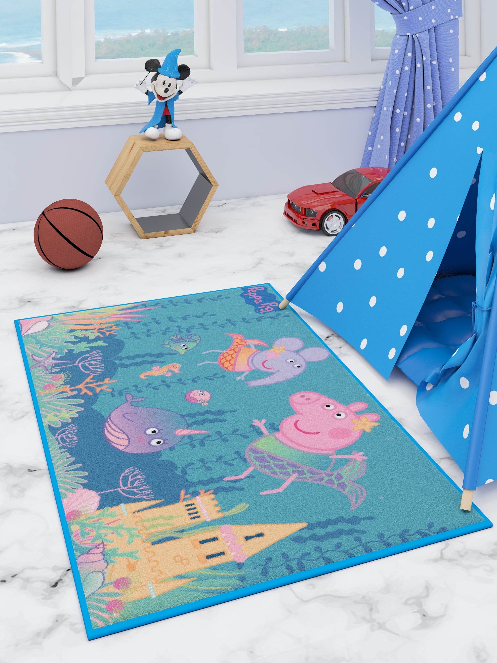 Peppa Pig Premium Blue Kids Carpet 3ft x 5ft by Athom Living featuring vibrant colors and soft texture, perfect for kids’ rooms and play areas. This carpet adds comfort, fun, and durability to everyday spaces.