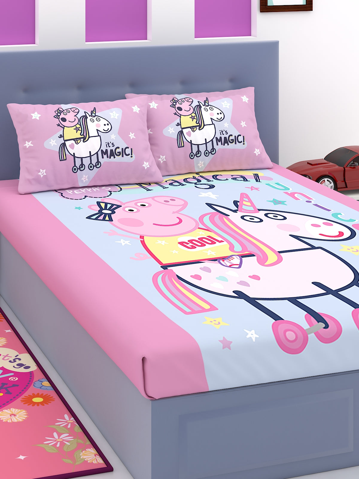 Peppa’s Magical Unicorn Peppa Pig kids Cotton Double Bedsheet Set featuring vibrant colors, soft cotton fabric, and two matching pillow covers, perfect for enhancing kids’ bedroom décor with comfort and fun.