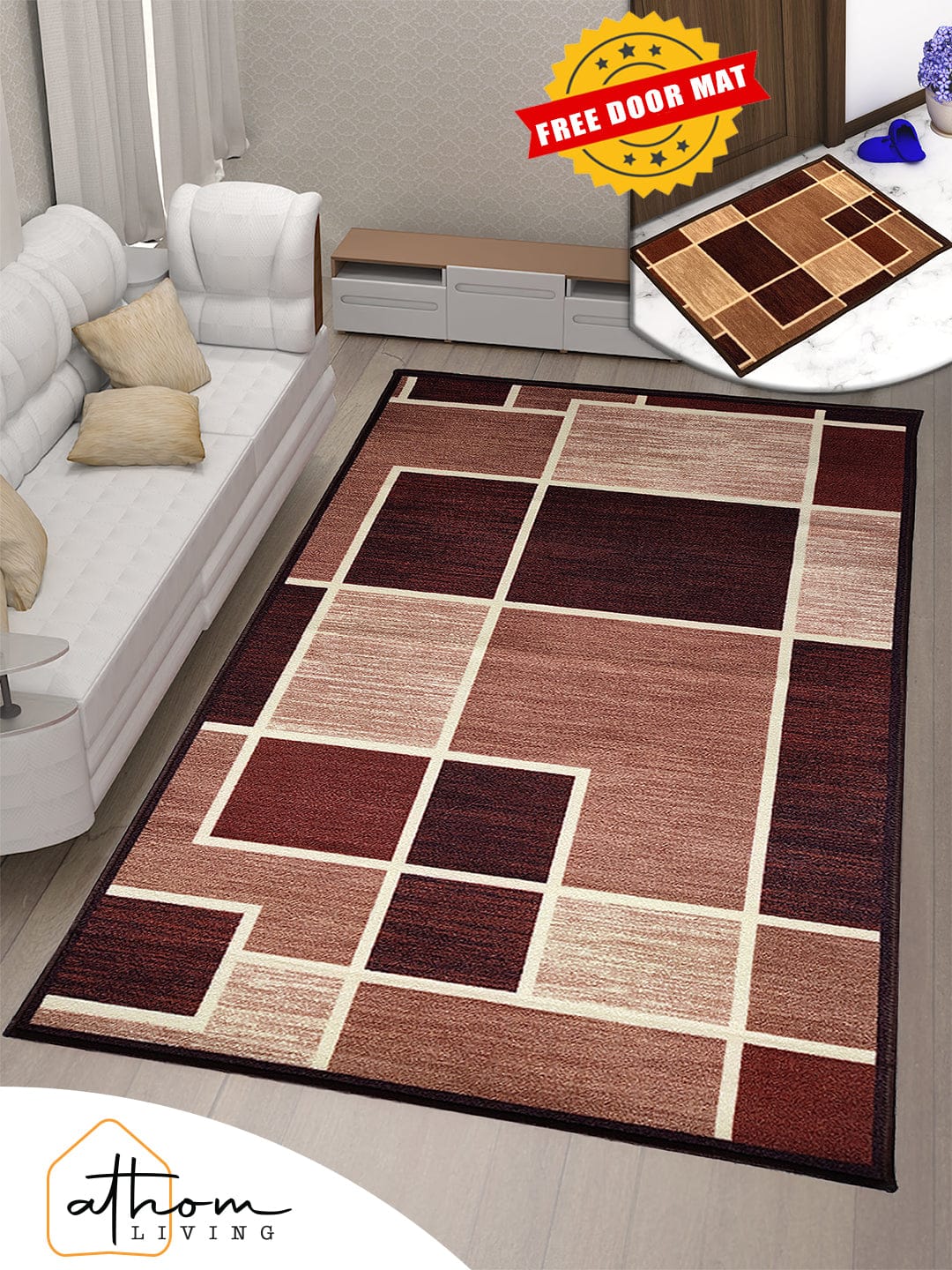 Premium Anti Skid Carpet “Box It Up” by Athom Living, perfect for living rooms, offering durability, safety, and style while enhancing your home décor with vibrant colors and a soft texture.