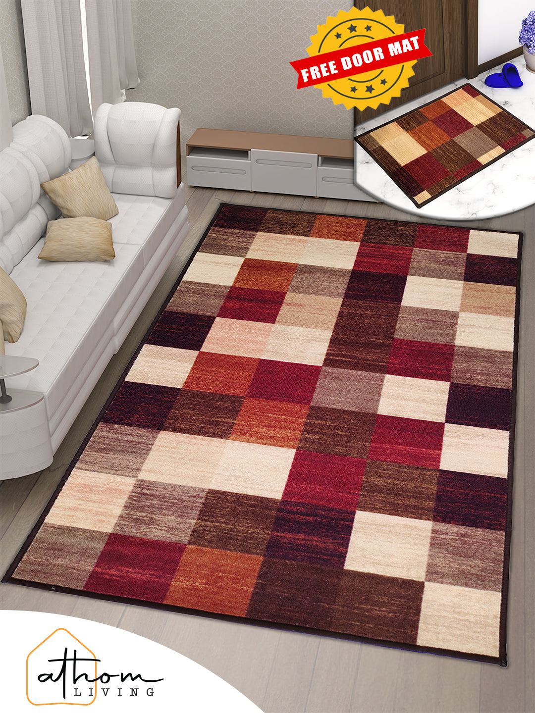Premium Anti Skid Check Mat Carpet by Athom Living, designed for home and office, providing safety, style, and comfort while enhancing any room decor with vibrant and durable patterns.