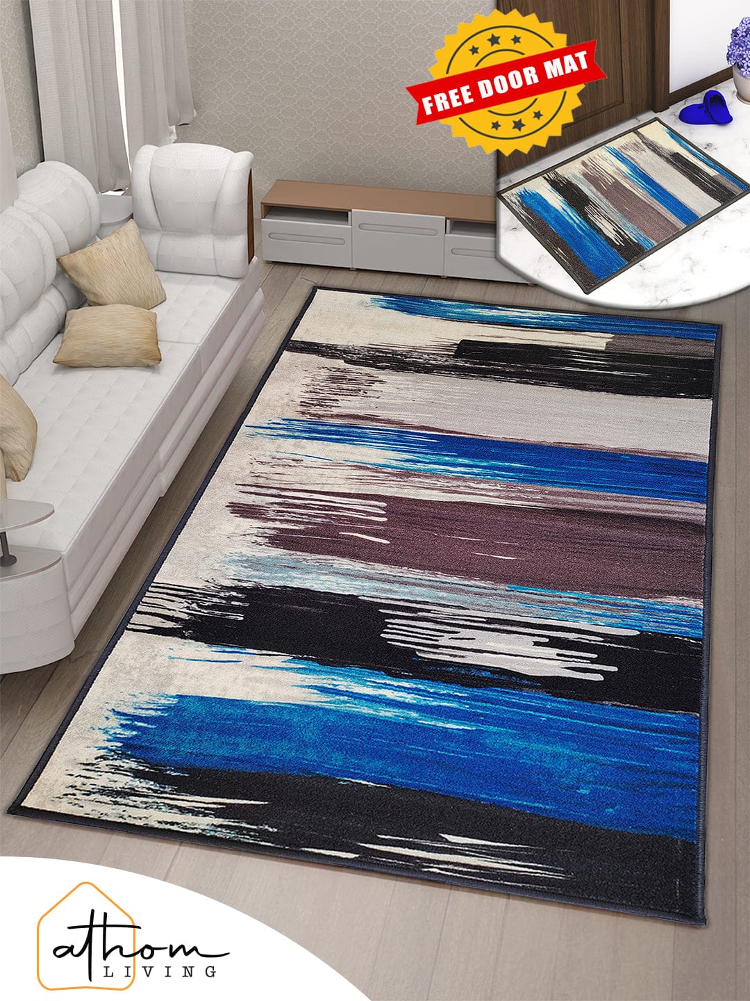 Premium Canvas Blue Anti Skid Carpet by Athom Living, perfect for living rooms, bedrooms, and offices, offering style, comfort, and safety with a non-slip design.