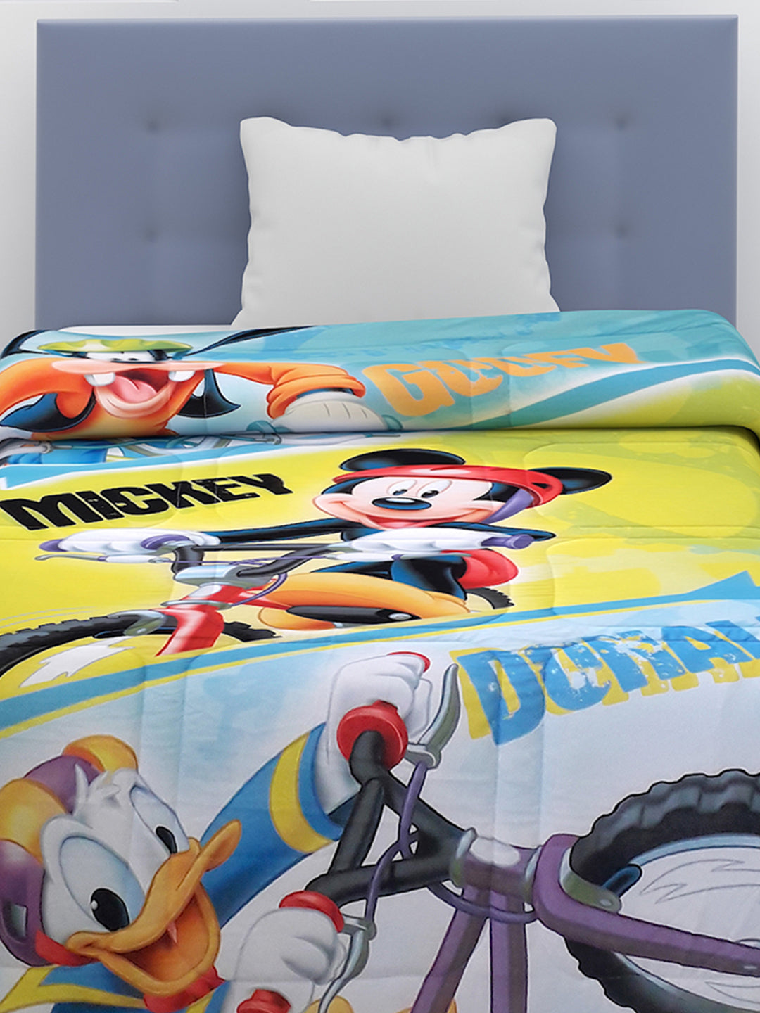 Premium Mickey Mouse kids comforter single size 135x220 cm, poly-fill filling, 360 GSM thickness, digitally printed design with Mickey, Goofy & Donald characters by Athom Living.
