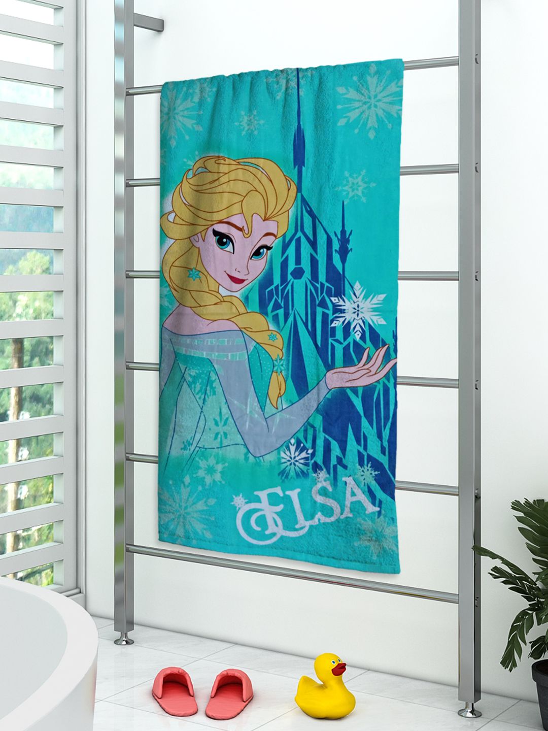 Premium quality Disney Frozen Elsa kids bath towel, 60x120 cm, 350 GSM cotton. Gentle on skin, highly absorbent, and perfect for daily bath use.