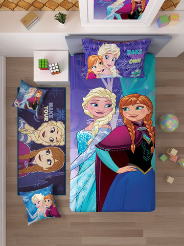 Athom Living Disney Elsa Frozen Kids Room set 1 Single Bedsheet with Pillow Cover + 1 Runner Carpet+ 2 Cushion Cover