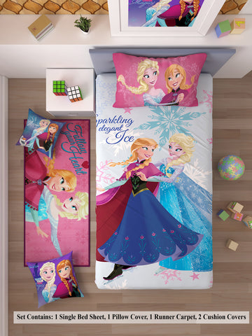 Athom Living Disney Frozen Kids Room set 1 Single Bedsheet with Pillow Cover + 1 Runner Carpet+ 2 Cushion Cover