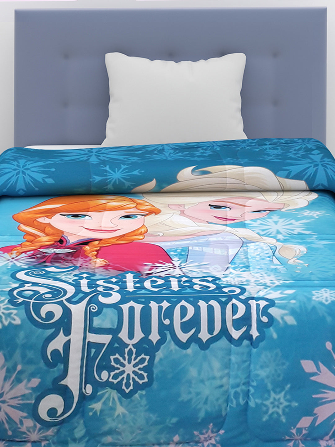 Single Disney Frozen kids comforter with 360GSM Poly-fill, vibrant Sisters Forever print, 135x220 cm, ideal cozy bedding for kids.