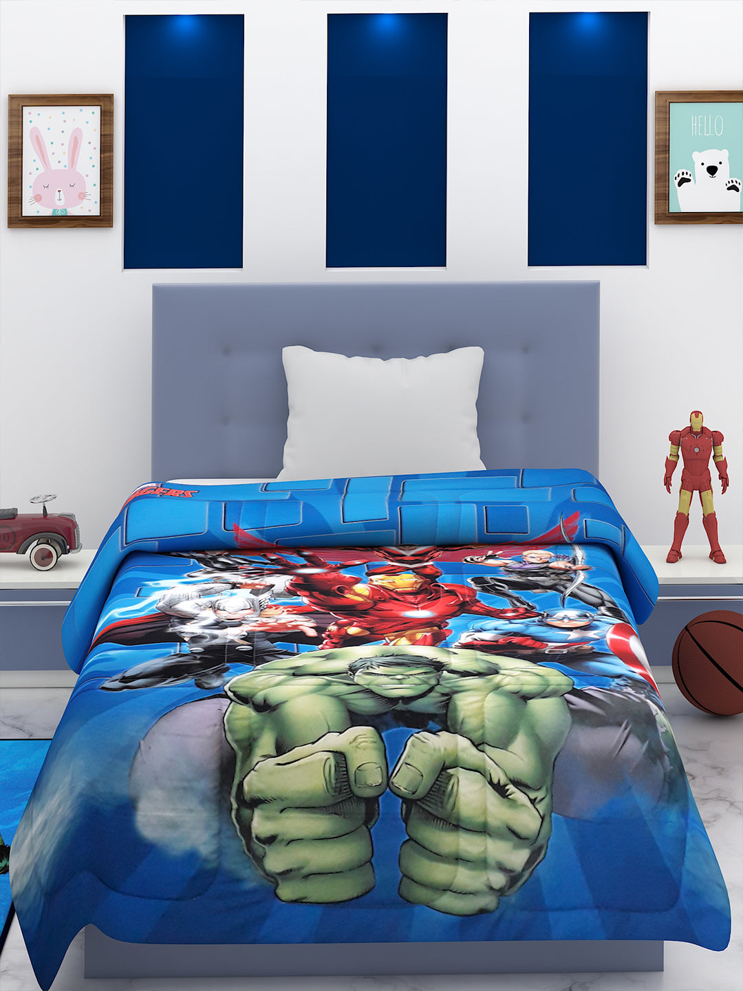 Single size Marvel Avengers kids comforter 135x220 cm with soft poly-fill, 360 GSM warmth, and epic high-resolution digital print design by Athom Living.