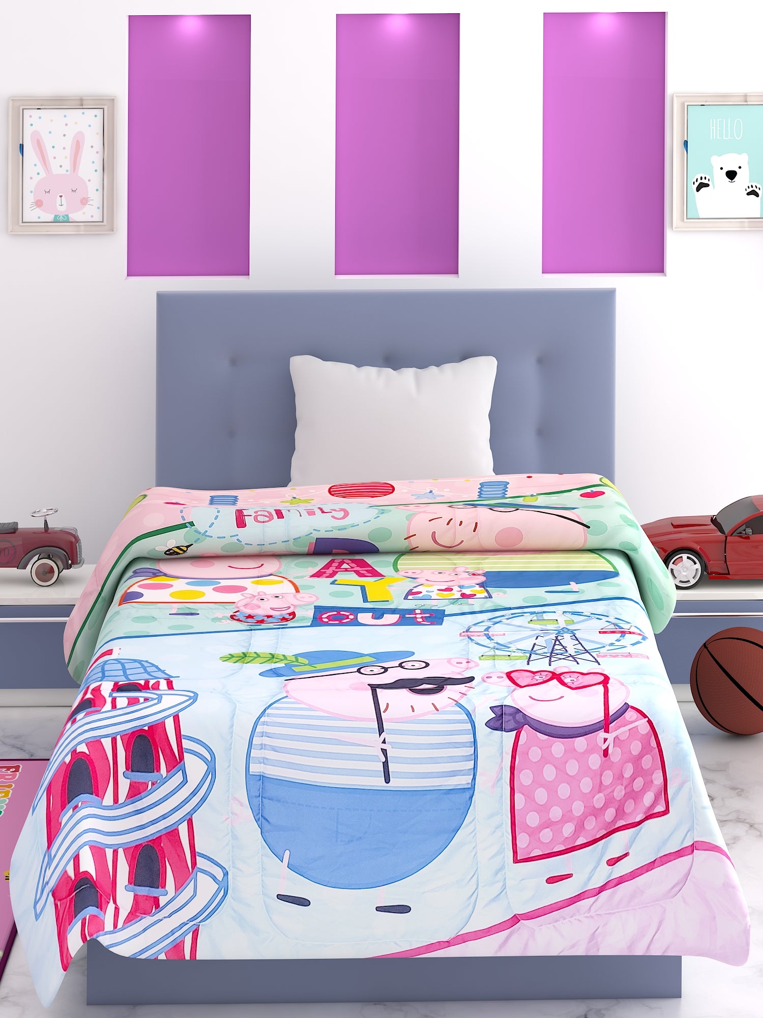 Soft and colorful kids comforter featuring Peppa Pig design, ideal for a cheerful kids bedroom.