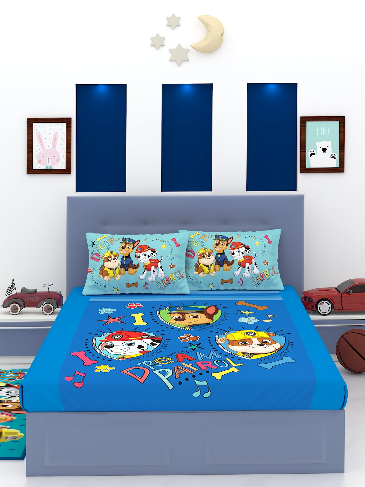 Soft and cozy Paw Patrol Dream Patrol themed kids double bedsheet with 2 pillow cover from Athom Living, ideal for boys and girls, ensuring sweet dreams and playful bedroom décor.