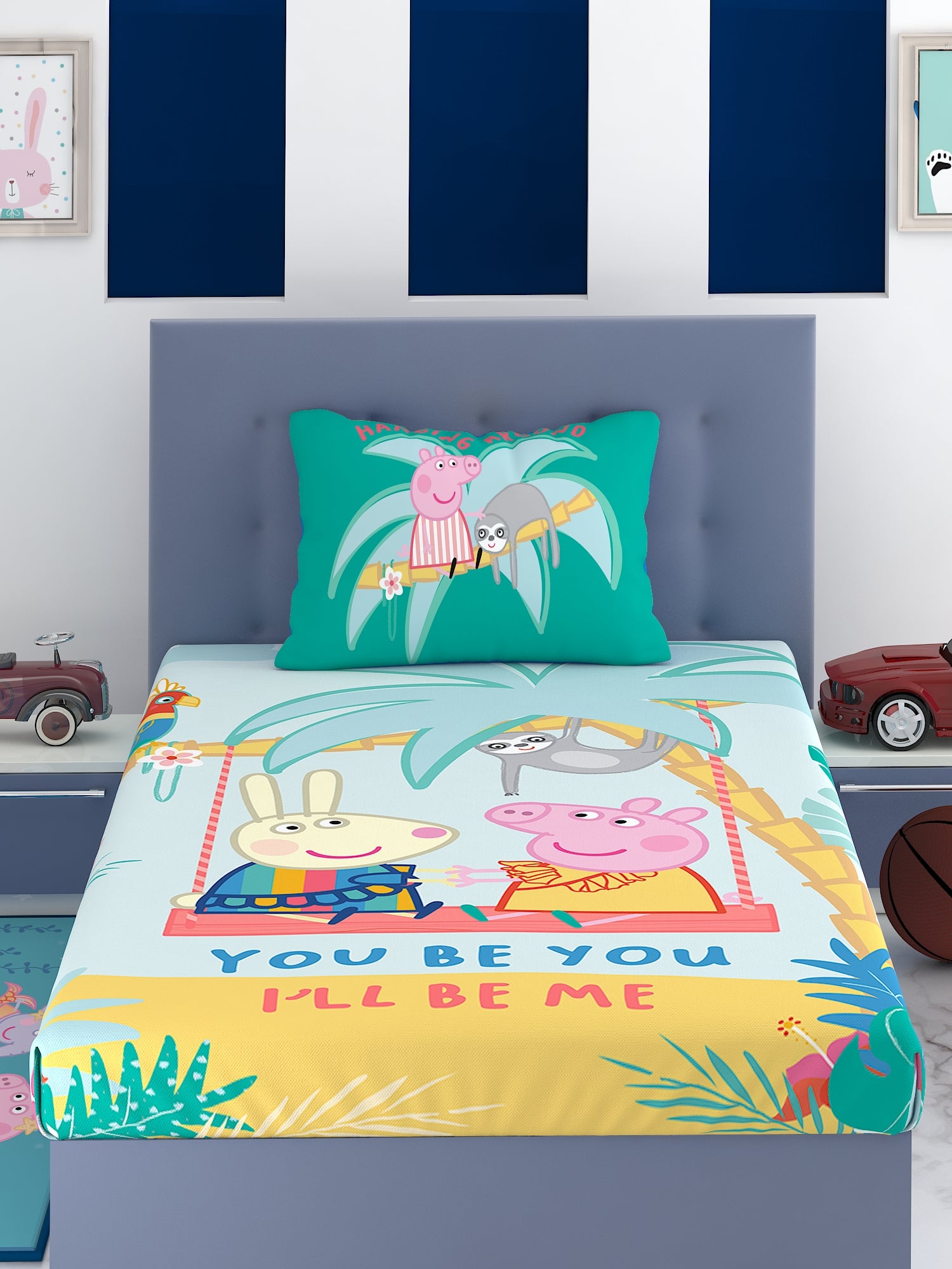 Soft and durable Peppa Pig themed kids cotton single bedsheet with matching pillow cover by Athom Living, ideal for a cozy and playful sleep experience.