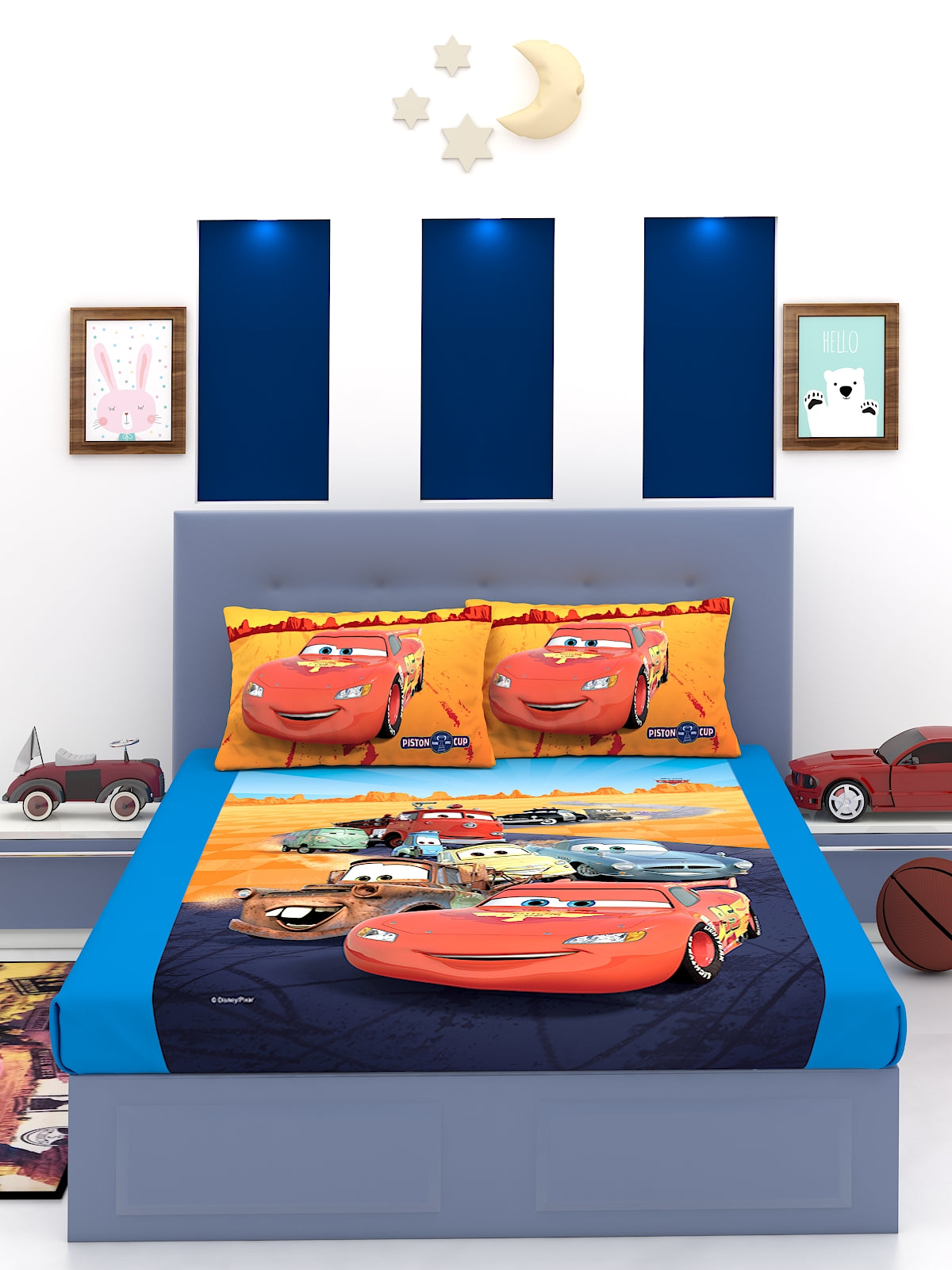 Soft cotton Disney Piston Cups Cars kids double bedsheet with 2 pillow cover, designed for a cozy sleep experience, featuring vibrant prints that bring fun and excitement to your child’s room.