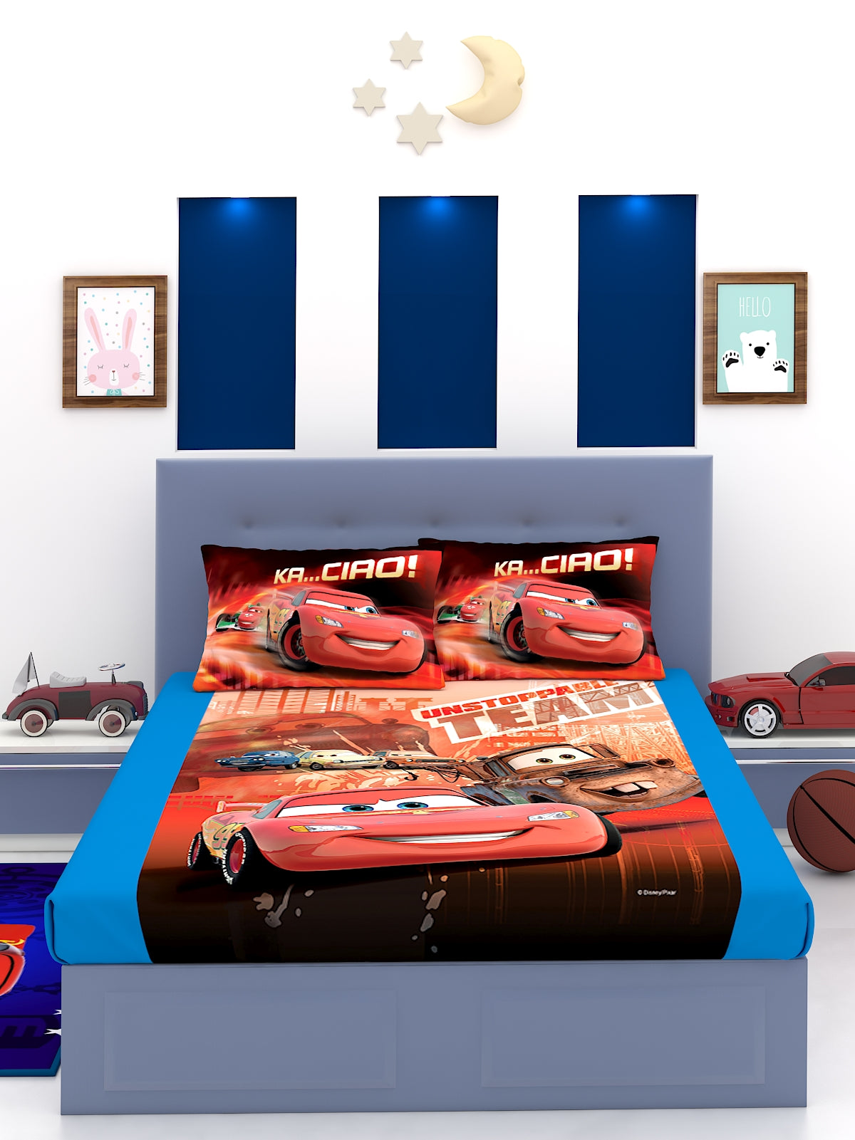 Soft cotton Disney Unstoppable Team Cars kids double bedsheet with 2 pillow cover by Athom Living, ideal for boys’ rooms, colorful and cozy bedding set for comfortable nights.