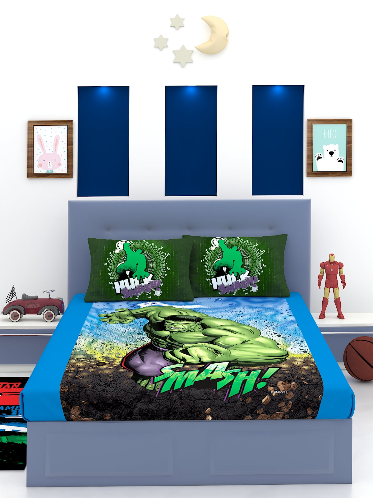 Stylish Marvel Avengers Hulk Smash themed cotton kids double bedsheet with 2 pillow cover designed with vibrant prints and premium comfort to enhance your child’s room with superhero-inspired bedding.